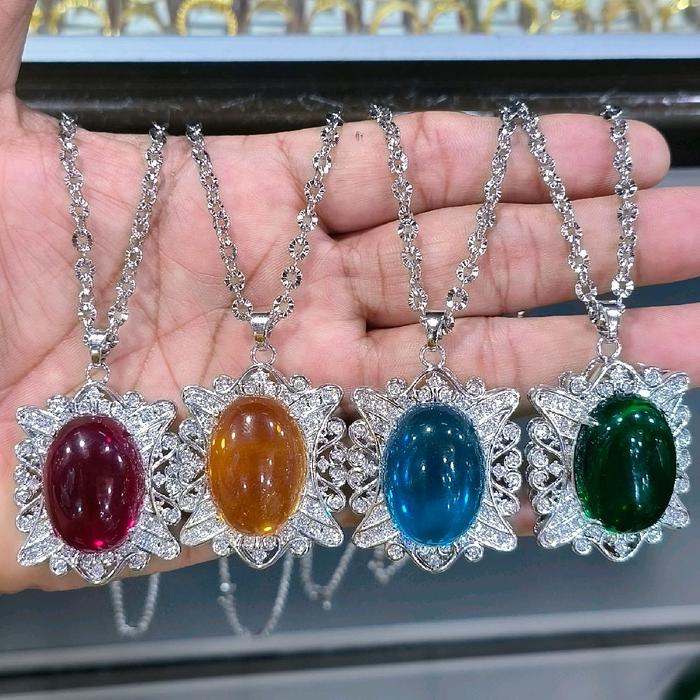 Kalung Set Liontin Pintu Aceh batu giok sitentis Silver dengan Pilihan Warna Merah Kuning Biru Hijau
