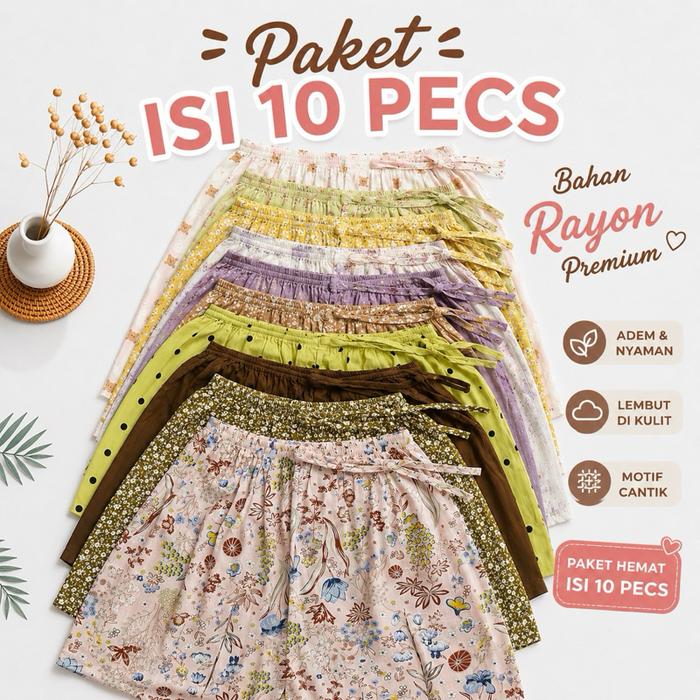 Grosir isi 10 Pecs | Celana pendek hotpants Rayon wanita Motif Santai