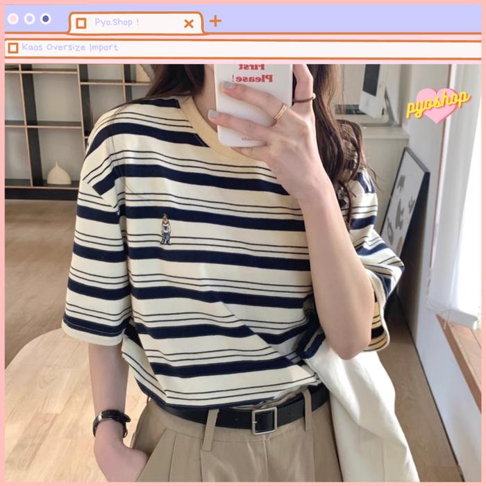 Kaos Stripe Oversized Import Wanita Bordir Korean