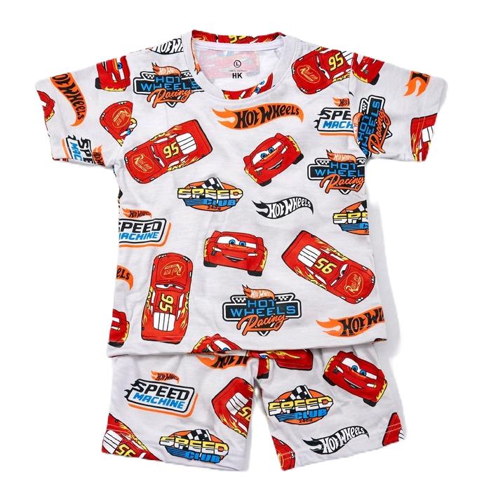 Local Brand Bahan Dasar Katun Setelan Anak Laki-laki Motif Mobil Hot Wheels dan Speed Machine