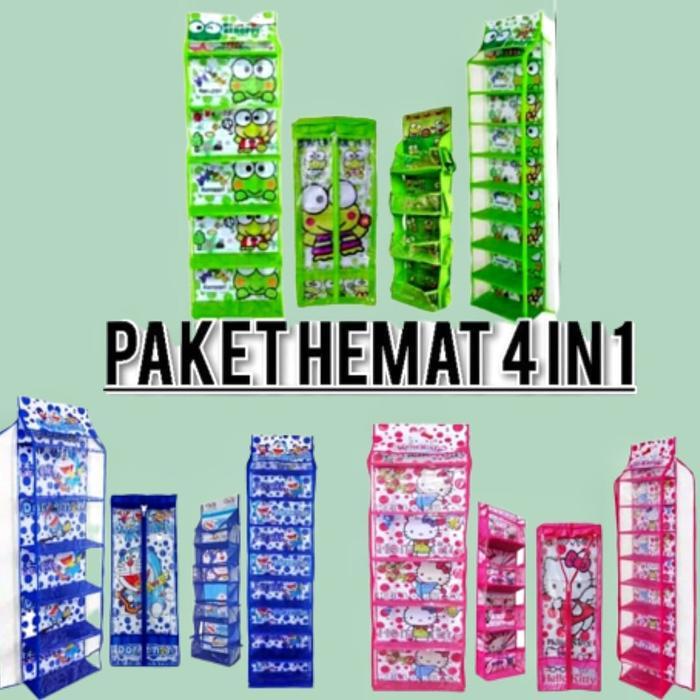 4 in 1 rak gantung set karakter rak tas, sepatu, jilbab dan rak kosmetik minimalis Plastik Penyimpan