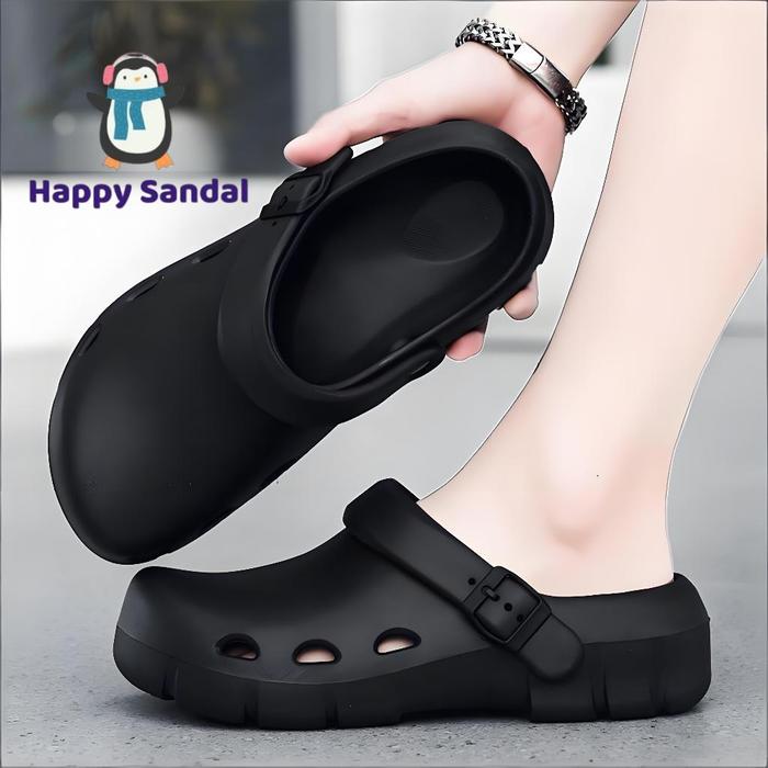 Sandal platform hitam untuk pasangan, gaya unisex, ujung tertutup, anti selip, tumit dapat disesuaik