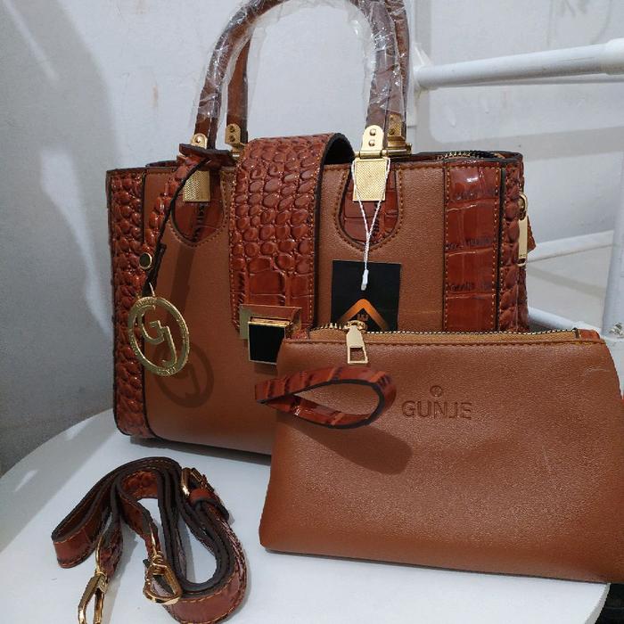Gunje Tas Tangan dan Dompet Cokelat Kombinasi Bahan Miniso dan Kulit Buaya Imitasi Croco Elegan dan 
