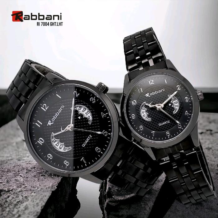 Rabbani 7004 Ght/Lht, Jam tangan Couple, Rantai hitam, mesin tanggal aktif, water resistant.