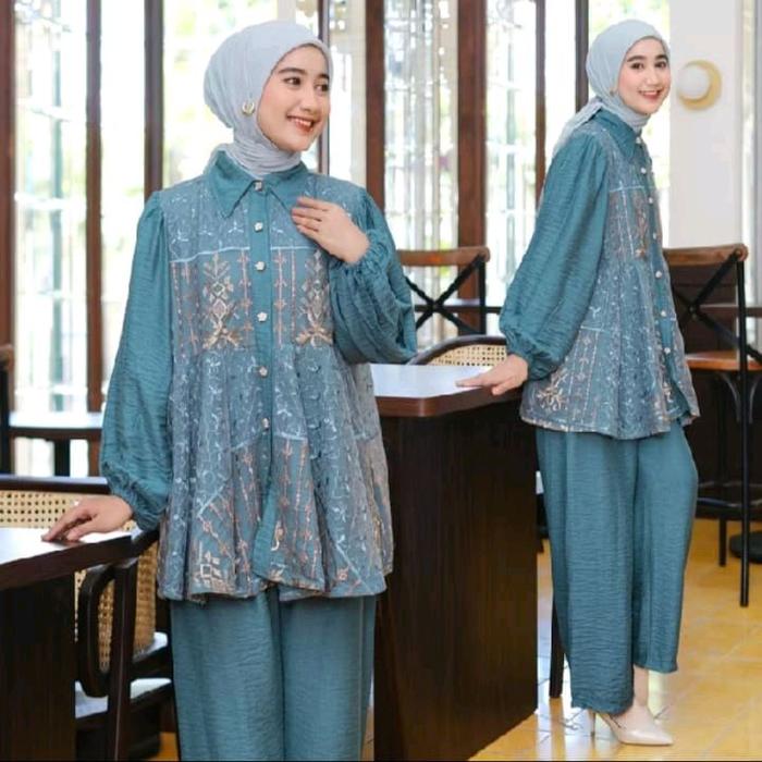 Setelan Celana Wanita Dewasa Busui One Set Mela dengan Bahan Crinkle Kombinasi Burkat Tile - Muslim,
