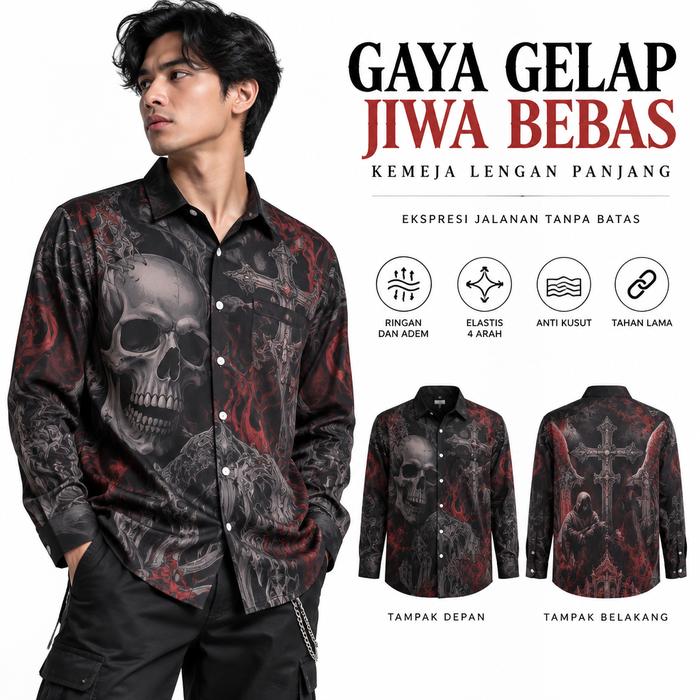 Kemeja Pria Lengan Panjang Motif Tengkorak Gothic Warna Hitam Merah