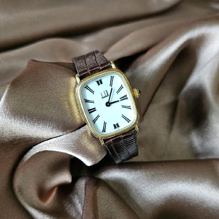 DUNHILL TANK 1980 GOLD PLATED BEZEL SIMPLE INDEX WHITE DIAL QUARTZ LEATHER HANDMADE JDM LADIES ORI J
