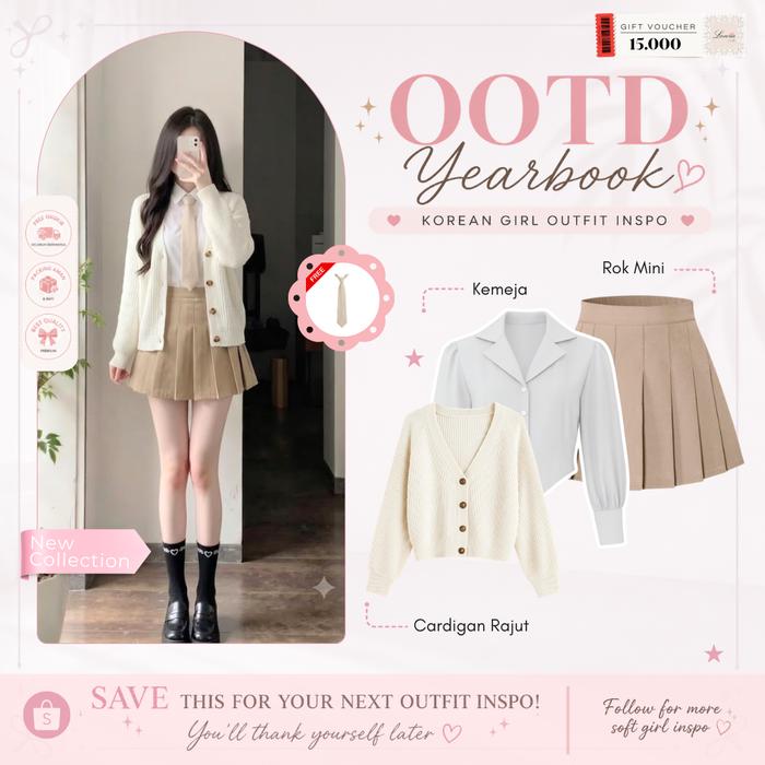 One Set Yearbook Korean Style Muslim ( Atasan Kemeja Crop + Atasan Cardigan Rajut + Bawahan Rok Mini