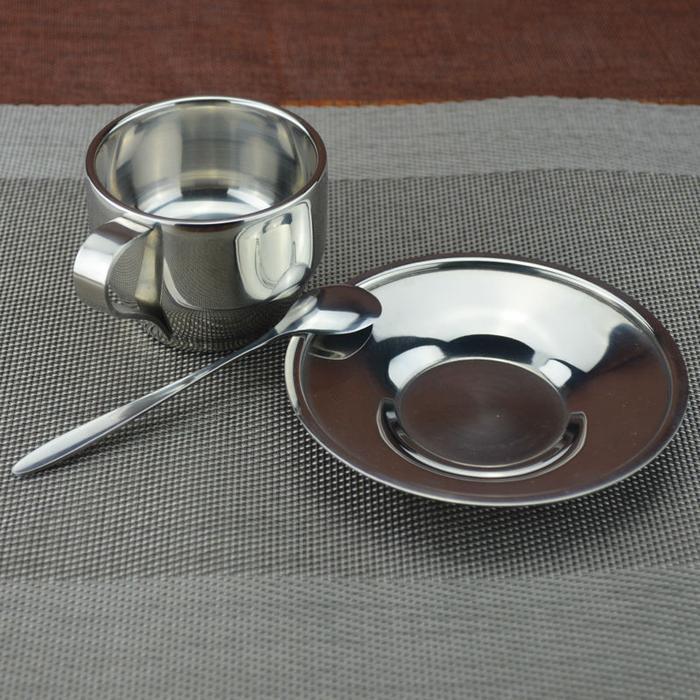 set gelas cangkir kopi teh stainless steel termasuk sendok piring