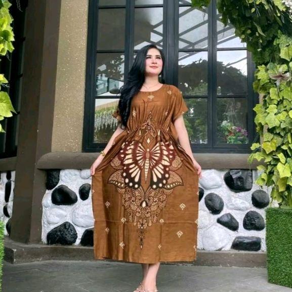 Daster Lowo Jumbo Pinggang Kerut Serut Molor Lengan Pendek Panjang Dress Bawah Lutut Dada Sletting D
