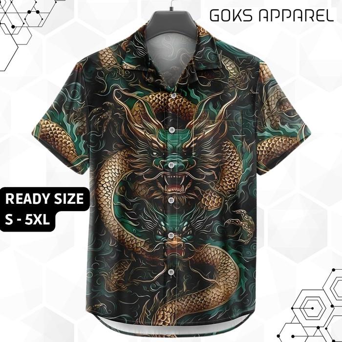 GOKS Baju Kemeja Motif Laki Laki Perempuan Full Print Printing Kemeja Vintage NAGA HIJAU 907
