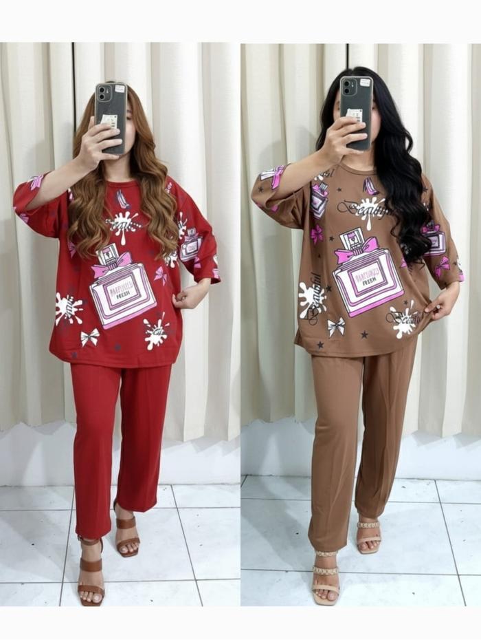 Setelan Wanita Dewasa Motif PARFUM Lengan 7/8 Celana Panjang Perempuan Bagus Murah Bahan Kaos Sun Cr