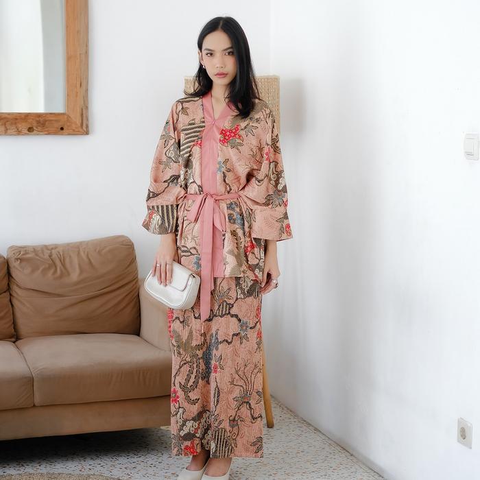 Set Baju Kurung Kaftan Batik Kondangan Model Batwing Rok Plisket Pastel Series by Nazya