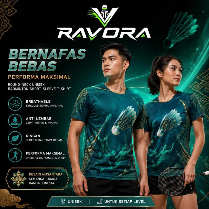 Kaos Olahraga Badminton Unisex 3D Print Round Neck Warna Hijau Teal Motif Raket dan Kok dengan Atlet