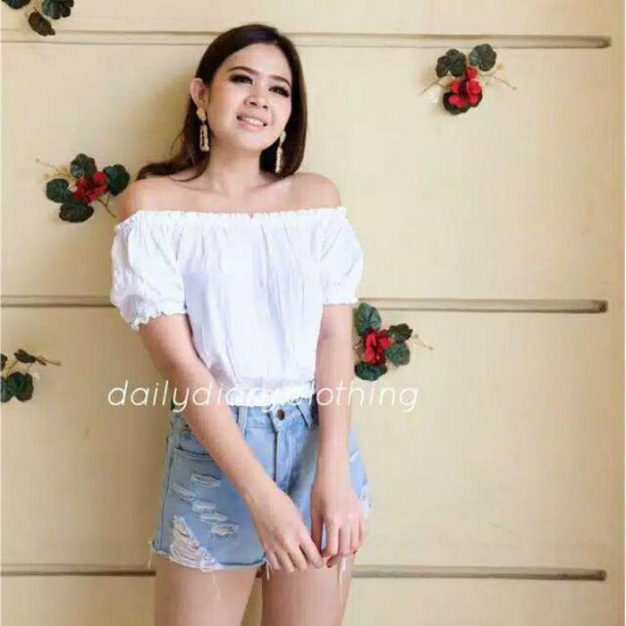 ZS - DEA BLOUSE WANITA SABRINA KERUT LENGAN PENDEK / BAJU ATASAN CROP TOP SABRINA SEKSI / BLOUSE BAL