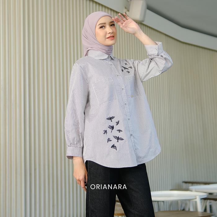 Orianara JANAN SHIRT Kemeja Kasual Oversized Wanita Atasan Tunik Wanita Salur Panjang Bordir Stripe