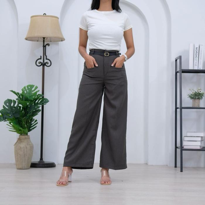 ELOK Elora Pants - Loose Pants Stripe Trouser Wanita - Celana Garis Kulot Casual Formal Brown Cream 