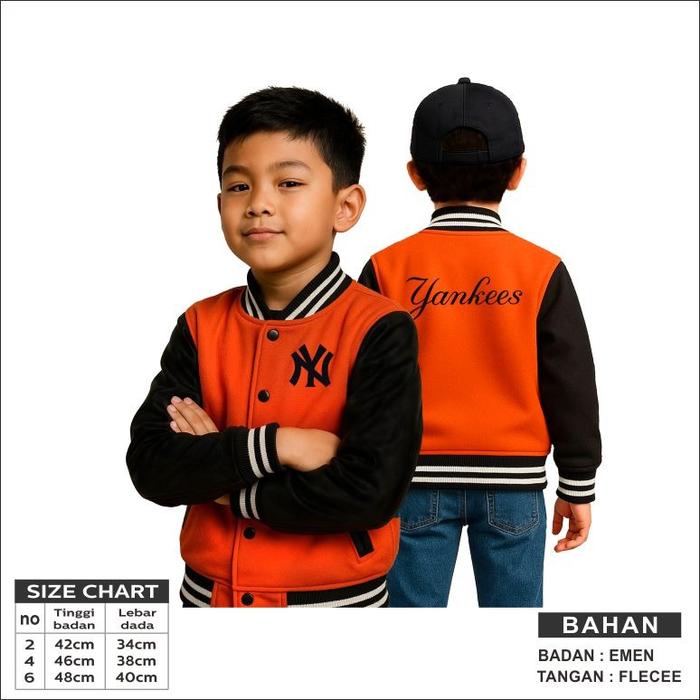 bajjuin.Jaket Anak Varsity NY Orange Tangan Panjang Bhan Badan Emen,Bahan Tangan Fleece Size 2-6 Thn