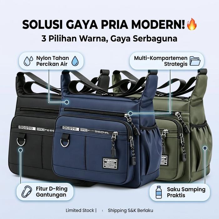 Sling Bag Cowok Tas Selempang Pria Ukuran Besar Material Oxford Anti Air Sangat Awet dengan Banyak K