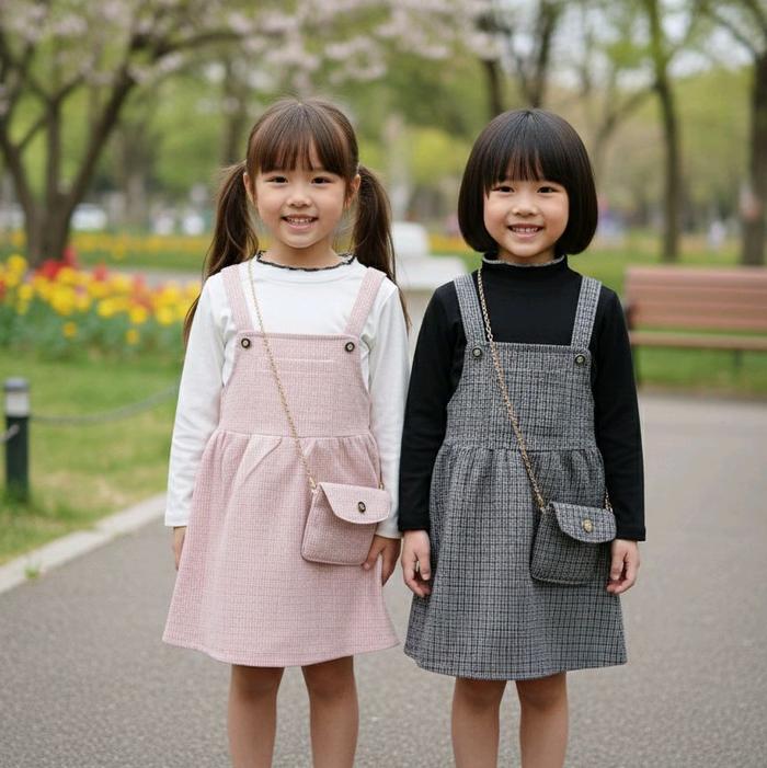 (3-8T) Set 3in1 Overall rok anak kotak-kotak kecil + kaos lengan panjang + tas rantai warna pink, co
