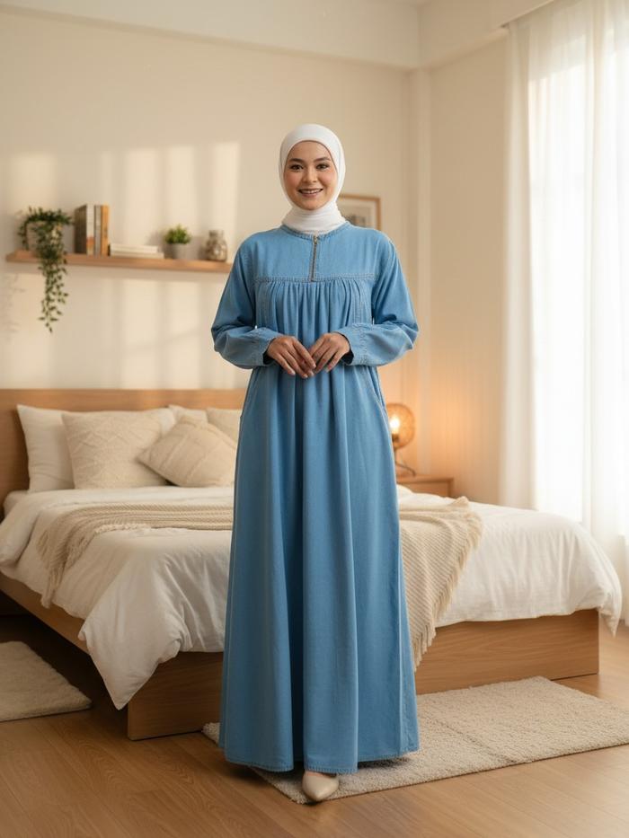 Gamis Jeans Elena Premium Bahan Nyaman Adem Matt Jeans Wash Model Terbaru Dress Muslim Maxi Kantong 
