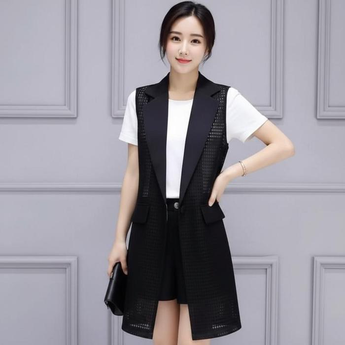 BAJS Long Blazer Jala Mesh Wanita Kekinian | Outer Tanpa Lengan Stylish Hitam Putih