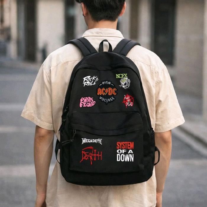 Tas Ransel Hitam dengan Logo Band Rock Roll AC DC Megadeth Death System of A Down untuk Pria dan Wan