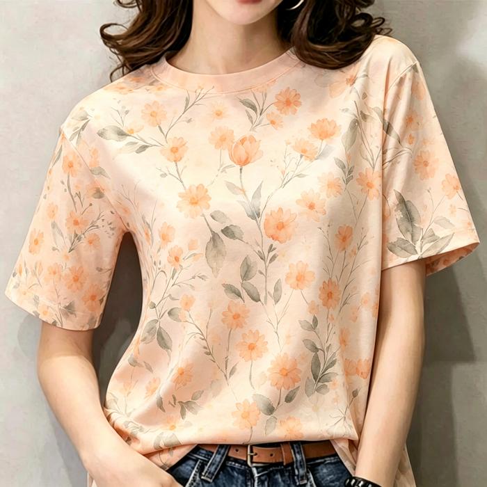 Kaos Oblong Wanita Raglan Sleeve Kaos Bunga Wanita Full Printing Perpaduan Bunga Kamboja Dan Melati 