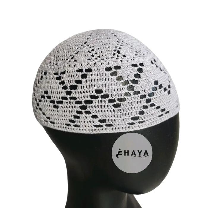 Ghaya Hadromi_Style Peci Rajut Putih Lokal Peci Rajut Remaja Peci Rajut Dewasa Kopiah Songkok Haji P