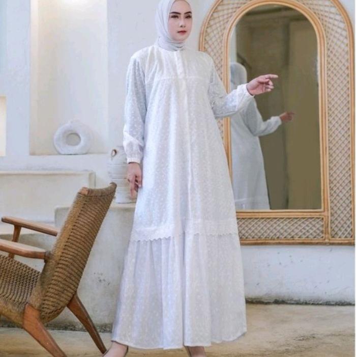 Gamis bordir rempel bawah lutut katun jepang | Perlengkapan umroh haji Wanita  Muslim Dress