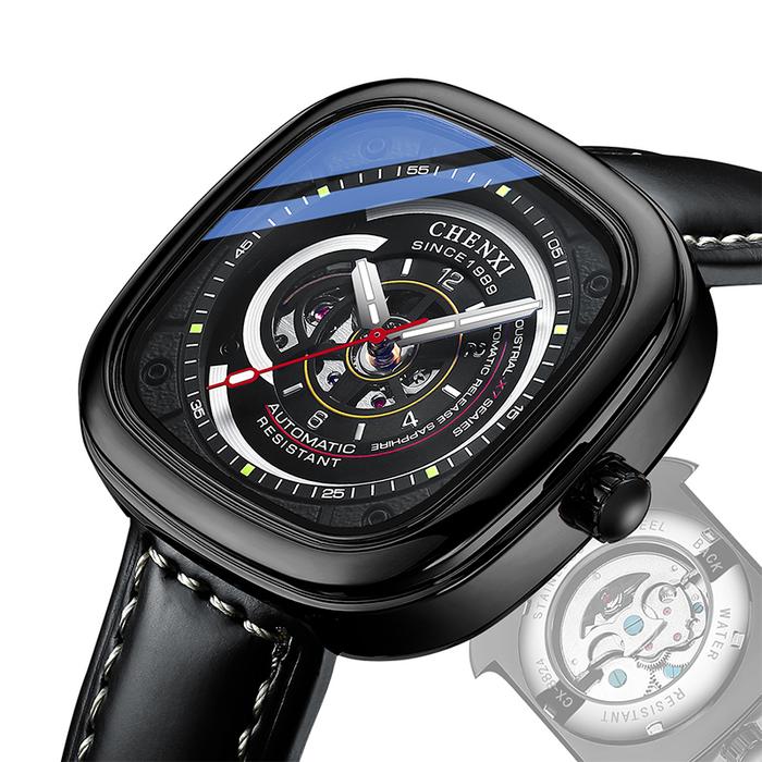 Jam Tangan Pria Model Kotak Mekanik Otomatis Skeleton Tali Kulit Anti Air Luminous Jam Tangan Mewah 