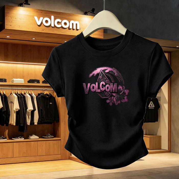 Kaos crop wanita sablon tulisan volcom dengan motif naga/geometric ungu muda desain streetwear