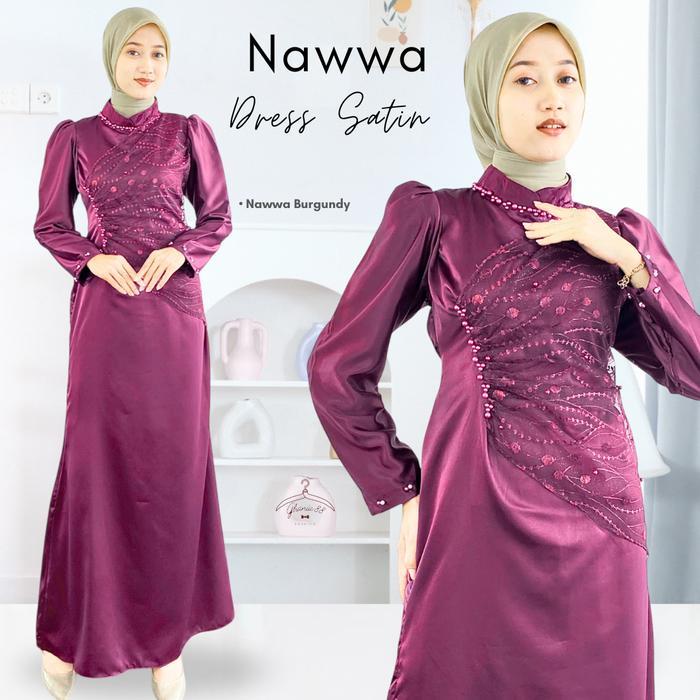 (Msb) Nawwa Dress Maxi Gaun Pesta Kondangan Gamis Lebaran Atasan Wanita Mix Brokat Bridesmaid Satin 