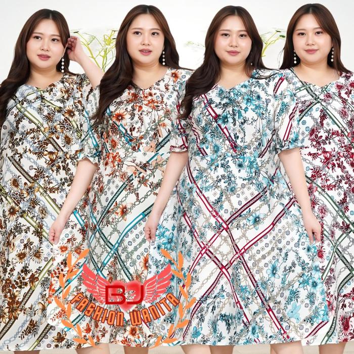 BJFashionWanita / Dress Hemer Abstract Jumbo Bigsize Premium Lengan Pendek Midi Karet