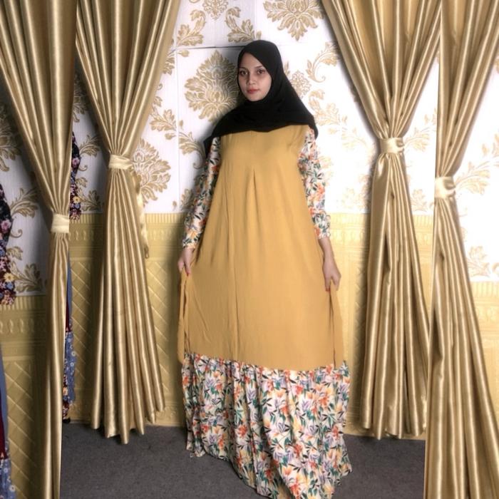 ALNA Gamis Dress Wanita Dewasa Kekinian Muslim Syari Mewah Elegan Nyaman Lengan Panjang Karet Kain C