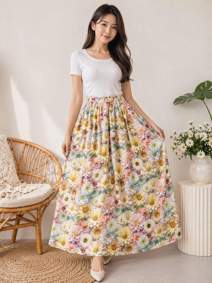 Rok rayon motif bunga-Rok viral-Rok floral