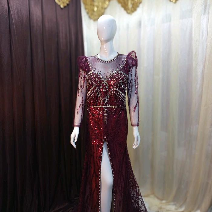 baju kebaya pengantin squin merah maroon