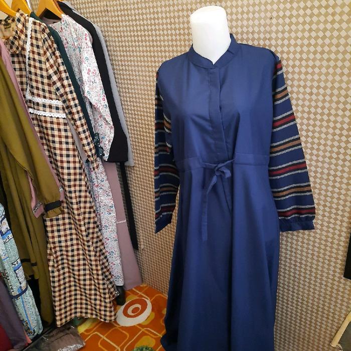 gamis busana muslim toyobo + rami navy riskirich