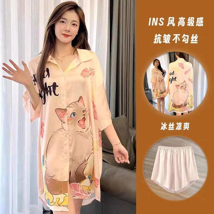 DRESS SATIN IMPORT HALUS / DASTER BAJU TIDUR SANTAI IMPORT WANITA LENGAN PENDEK BAHAN SATIN Piyama L