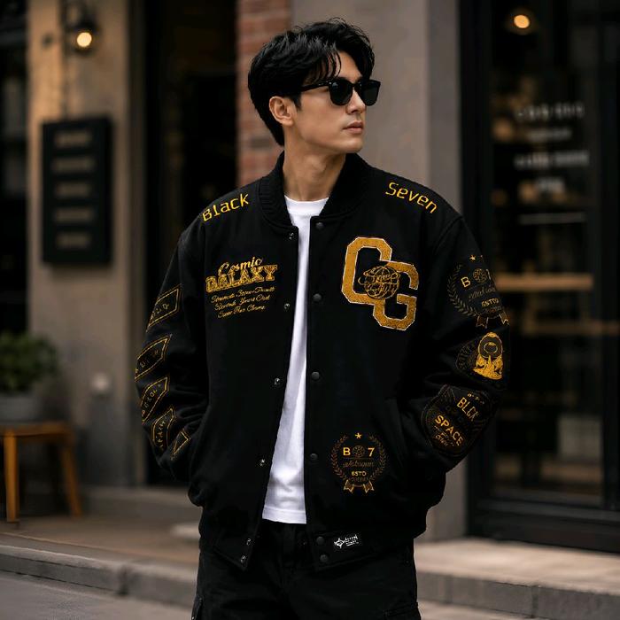 Varsity Jacket Full Cotton Cosmic Galaxy Black Blackseven | Full Bordir Jaket Couple Pria Wanita Ori