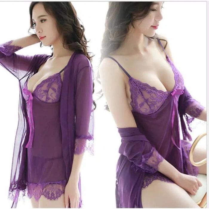SKA171 Dress Lingerie Ungu dan Kimono Luar - Baju Tidur Transparan