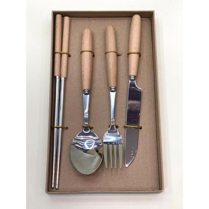 Sendok Set Gagang Kayu + Box | Sendok Stainless Steel