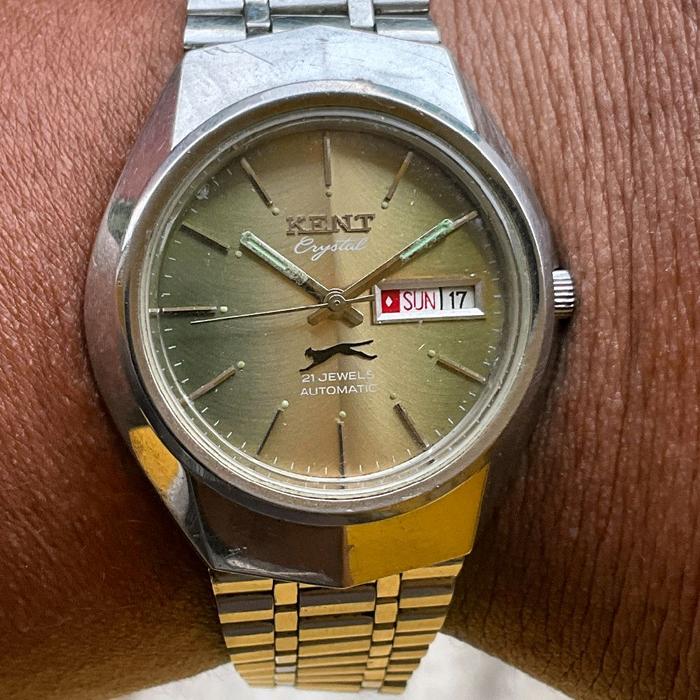 JAM KUNO VINTAGE ANTIK SWISS: KENT AUTOMATIC GREEN FULL ORIGINAL GARUDA NELSON SAMSON
