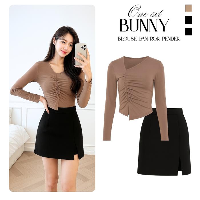 Bunny One Set Wanita remaja Kekinian (atasan Crop Top Kerut Asymmetric Khaki & Rok Slit Skirt Hitam 