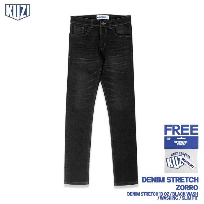 KUZI PROJECT - Zorro - Celana Jeans Pria - Black Wash - Slim Fit - Denim Stretch - 13 Oz - Original