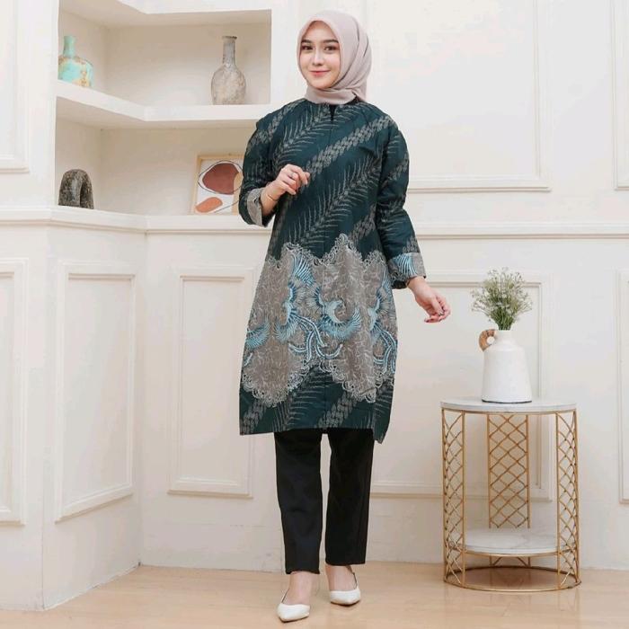 baju batik tunik resleting hijau Emerald