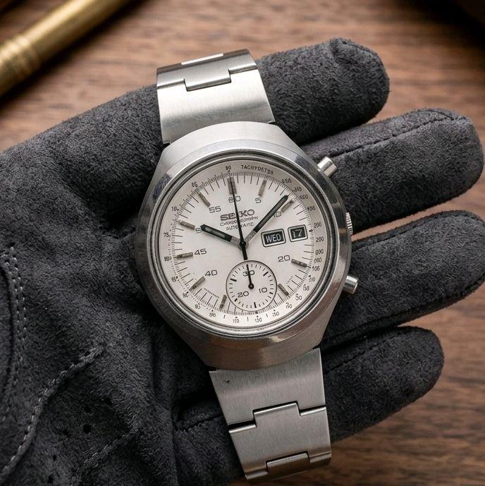 Seiko 6139 - 7100 HelmetAlpacino Jam Tangan Vintage Putih Dial Produksi Maret 1976 Case 39 mm Kondis