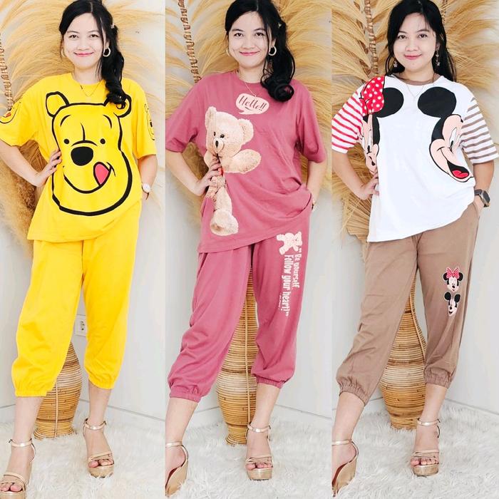 Setelan One Set Joger Jumbo Oversize Atasan Lengan Pendek Celana 7/8 Premium Ada Saku Kanan Kiri Sab