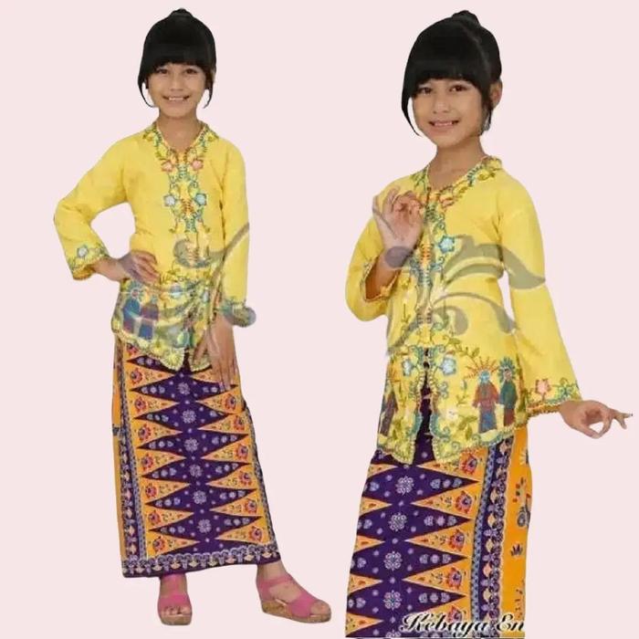 Setelan Kebaya Anak Perempuan Model Encim Motif Ondel-Ondel Warna Kuning Rok Fashion Rok Fashion