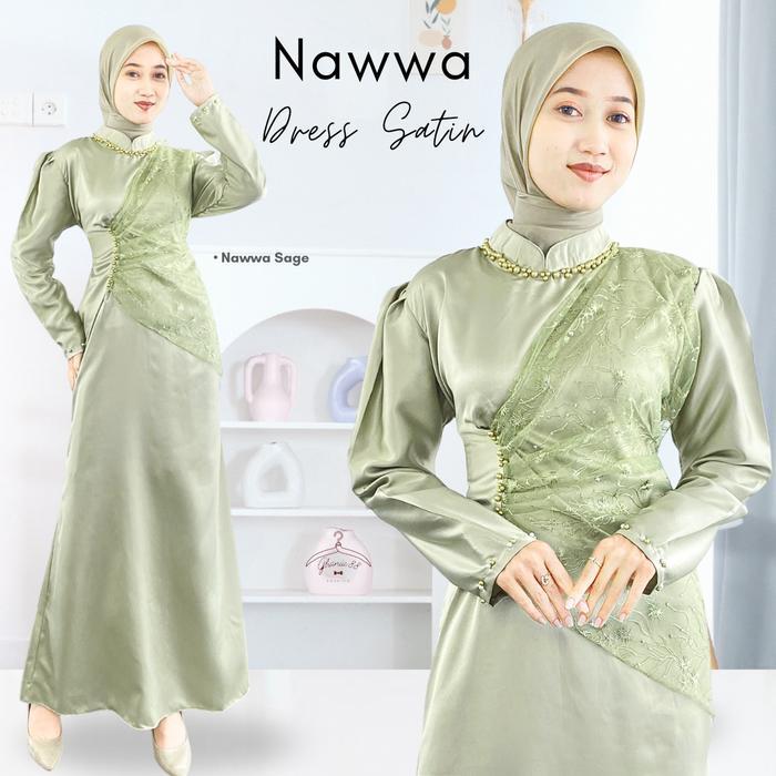 Nawwa Dress Maxi Gaun Pesta Kondangan Gamis Lebaran Atasan Wanita Mix Brokat Bridesmaid Satin Viral 